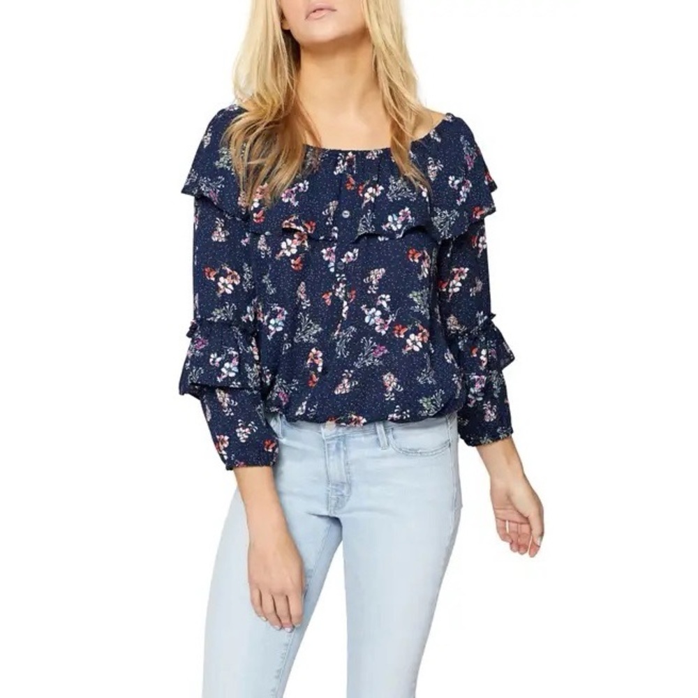 Sanctuary Navy Floral Ruffle Ballet Neck Top EUC